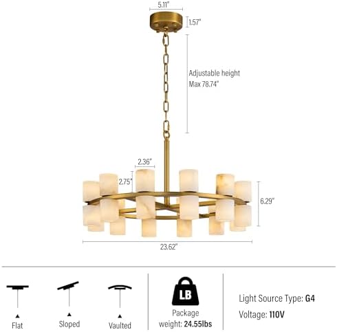 Alabaster Round Chandelier, Natural Spanish Stone Texture Chandeliers, D23.6in Round Chandeliers for Dining Room Small Chandelier Light Fixture for Kitchen Living Room Foyer Entryway Hallway (Brass) - Image 3