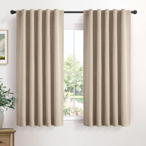 Linen Textured Total Blackout Curtains for Bedroom 63 Inches Long, Oatmeal by 100BlackoutShield