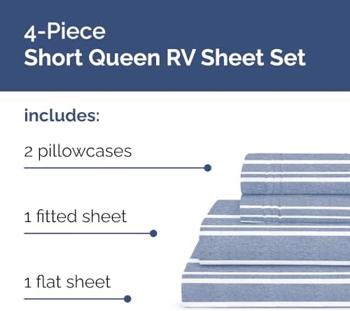 Short Queen Size 4 Piece Bed Sheet Set - RV Short Queen - Blue Stripes - Image 2