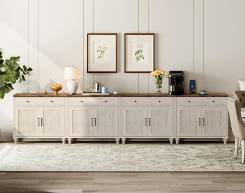 WAMPAT Buffet Cabinet with 8 Doors and 4 Drawers, Modern Coffee Bar Table Wood Kitchen Storage Cabinets, Farmhouse Sideboard Credenza for Dining Room, Rustic White, 134 inch by WAMPAT