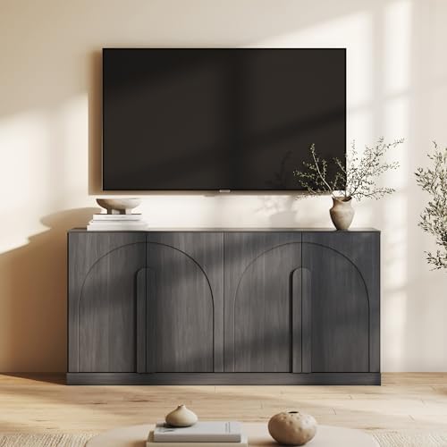 BELLEZE Bijou 64" Modern Buffet Sideboard, Mid-Century Arch Carved Wood Door Cabinet, Textured Storage Console for Living Room, Kitchen, Entryway - Ebony - Image 5