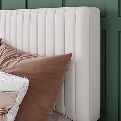 Allewie Queen Bed Frame, Velvet Upholstered Platform Bed with Adjustable Vertical Channel Tufted Headboard, Mattress Foundation with Strong Wooden Slats, Box Spring Optional, Easy Assembly, Off-White - Image 4