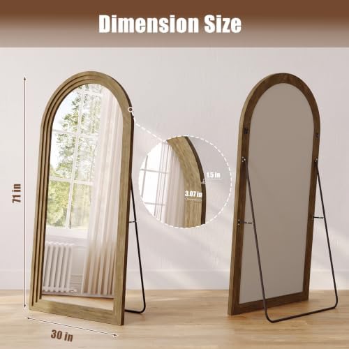 30"x71" Full Length Mirror Solid Wood Frame, Arched Floor Mirror Full Length with Stand, Room Decor Big Full Body Mirror with HD Tempered Glass for Bedroom, Living Room, Light Brown - Image 7