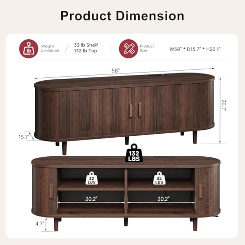 58" Mid Century Modern TV Stand, Wood TV Consoles with Sliding Doors and Power Outlet, Entertainment Center with Adjustable Shelves, Fluted TV Stands for Living Room, Walnut - Image 3