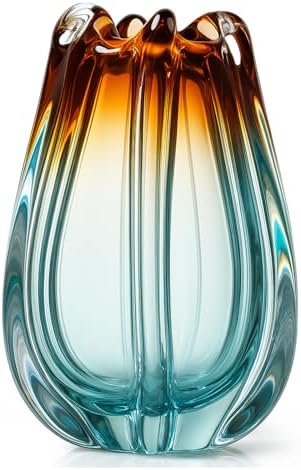 Hand Blown Glass Vase, 9.5" H Colorful Wide Mouth Ribbed by Acellegic