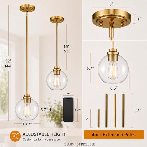 Gold Globe Pendant Light, 2-Pack Modern Clear Glass Hanging Fixture - Image 2