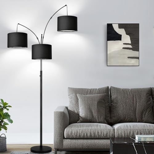 Dimmable Floor Lamp - 3 Lights Arc Floor Lamps for Living Room, 1000LM Modern Tall Standing Lamp With Black Shades & Heavy Base, Mid Century Tree Floor Lamp for Bedroom Office, 3 LED Bulbs Included - Image 5
