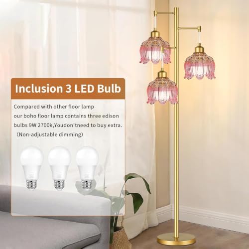 QIYIZM Pink Floor Lamp for Living Room,Bedroom,Gold Mid Century Modern Standing Lamp Brass Tree 3 Light Tall Floor Lamps Vintage Retro Floor Lights Glass Flower Lamp Shade Girls Kids Boho Bohemian - Image 4