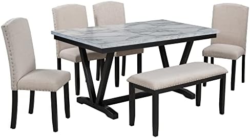 LUMISOL 6 Piece Dinette Set Large Dining Table Set with Bench Include Faux Marble Tabletop, 4 Padded Chairs and Bench, White+Black by LUMISOL