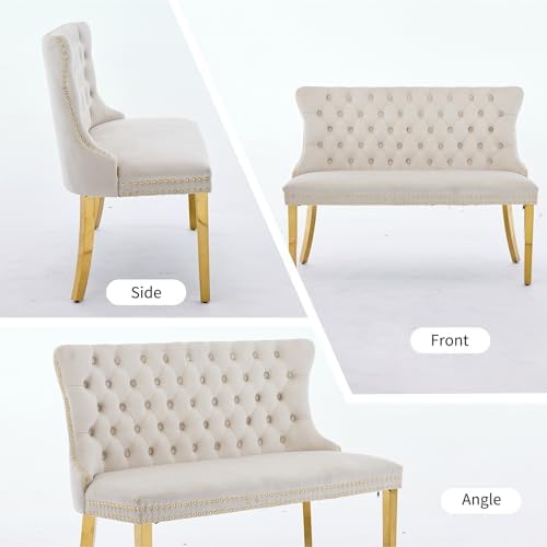 Beige Velvet Dining Bench with Back, Tufted Banquette Seating, Gold Legs - Image 6