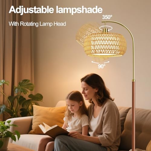 Wood Arc Floor Lamps for Living Room,Boho Rattan Floor Lamp with Remote Control & 3 Color Temperatures,Dimmable Mid Century Modern Standing Lamp Farmhouse Vintage Tall Floor Lamp For Bedroom Corner - Image 6