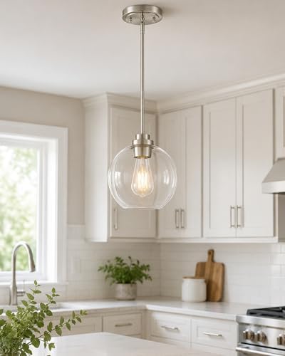 2 Pack Pendant Lights Kitchen Island, 8" Brushed Nickel Pendant Light Fixtures with Globe Clear Glass Shade, Modern Kitchen Island Lighting for Bathroom, AD-22280-2PL-SN - Image 5
