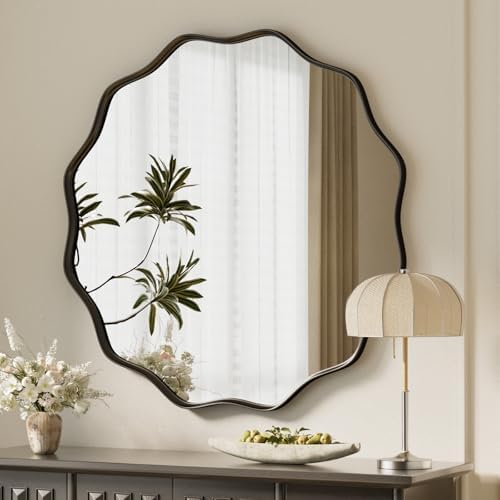 VooBang Black Scalloped Circle Mirror 30" Wavy Edge Round Wall Mirror by VooBang