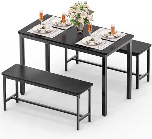 Dining Table Set for 4, Kitchen Table with 2 Benchs, Black by FAVSH