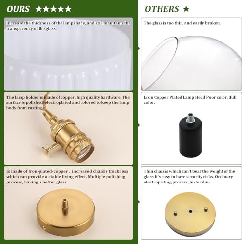 Shenmoyl Pendant Light 2 Pack with White Striped Glass Lmapshade, Brass Vintage Pendant Light Adjustable Hanging Light for Kitchen Island Dining Room Hallway - Image 7