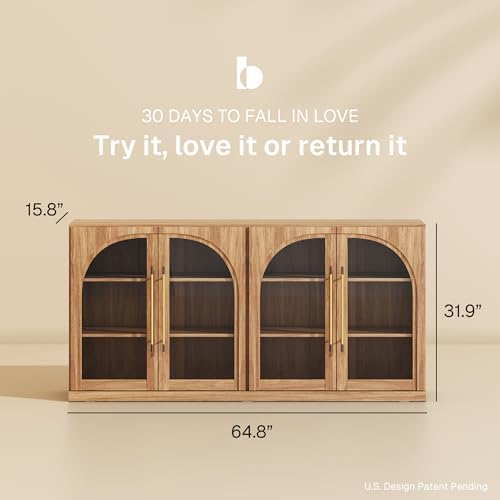 BELLEZE 65" Arched Sideboard with Glass Door, Accent Buffet Cabinet with Storage and Adjustable Shelves, Classic Modern Large Console Table for Dining Room Living Room Entryway (Camel) - Image 2