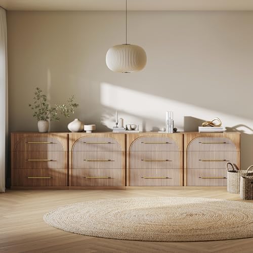 BELLEZE Set of 4 Fluted Modular Sideboard Cabinet, 130'' Classic Modern Buffet Cabinet with 3 Drawers, Accent Credenza Cabinet for Living Room Kitchen Entryway (Camel) - Image 5