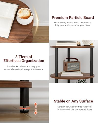 XBurmo Round Coffee Table for Living Room - Narrow Side or Bedside Stand, Industrial Vintage Nightstand for Bedroom, or Small Spaces, Rustic Walnut - Image 3