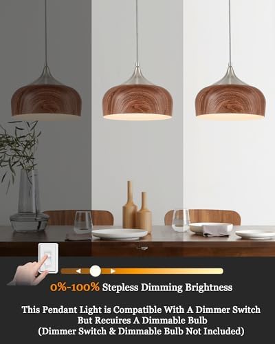 ELYONA Bauhaus Pendant Light Wooden Pattern Dome Pendant Light Fixture Brushed Nickel Metal Modern Adjustable Hanging Lighting for Kitchen Island Dining Room Office Hallway Foyer Bedroom, 12 Inch - Image 2