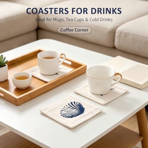 Coastal Cloth Coasters for Drinks, White Base Small Shell, 8PCS - Image 2