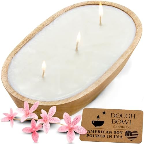 Dough Bowl Candle Co. Sea Salt and Orchid Soy Candle - 3 Wick Rustic Farmhouse Coffee Table Decor, Odor Eliminator in Wooden Bowls, 20 Oz Wooden Dough Bowl Candle, All-Natural Gifts for Women and Men by Dough+Bowl+Candle+Company
