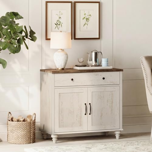 WAMPAT Buffet Cabinet with Doors & Drawer, Large Coffee Bar Table Wood Kitchen Storage Cabinets with Storage Cabinets, Modern Farmhouse Sideboard Credenza for Dining Room, Rsutic White, 34 inch - Image 5