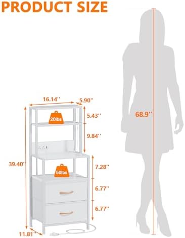 Furnulem White Nightstand, Tall Night Stand with Charging Station - Image 3
