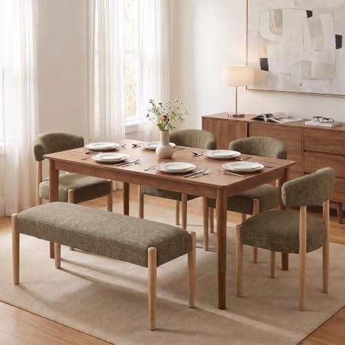 VKNOW Upholstered Dining Room Set for 6, Mid-Century Modern Dining Chairs Set of 4 and Dining Bench with Rubberwood Legs, for Dining Room, Living Room, Kitchen, Dark Brown by VKNOW