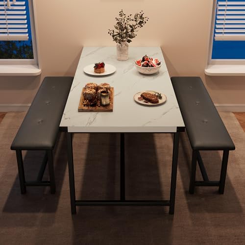 GarveeHome Dining Table Set for 4, Kitchen Table with 2 Upholstered Benches, Wood Kitchen Dining Room Set, for Small Space, Apartment, Home, Dinner, Marble White - Image 3
