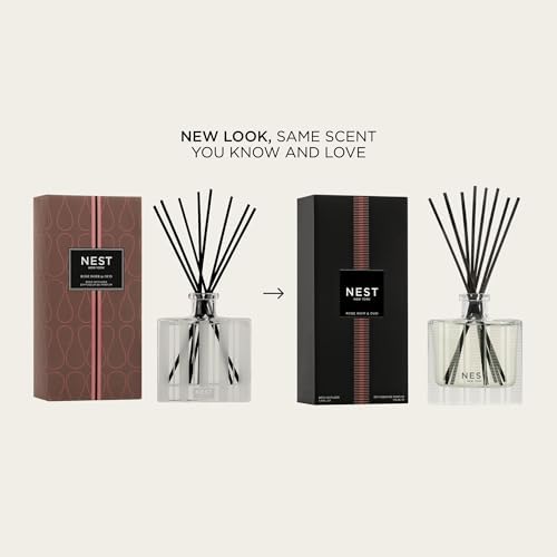 NEST New York Reed Diffuser, Rose Noir & Oud - 5.9 fl oz - Fragrance for Up to 90 Days - Reusable, Refillable Glass Holder - Includes 8 All-Natural Reed Sticks - Flame Free - Image 2