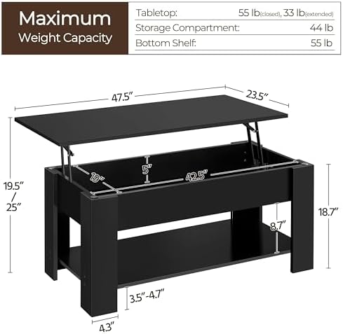 Yaheetech 47.2 in Lift Top Coffee Table with Hidden Storage & Shelf, Black - Image 3