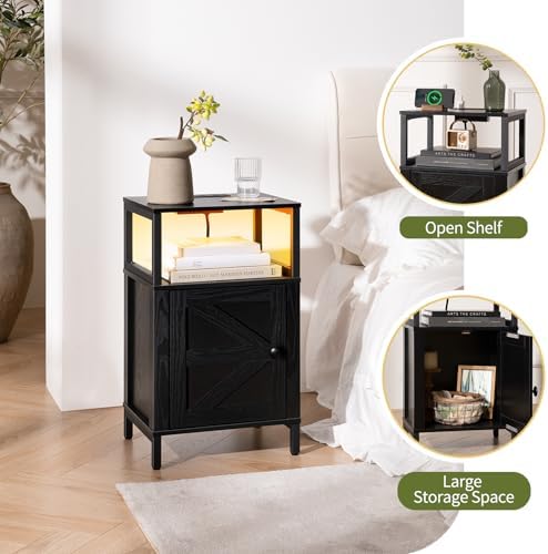 Yoobure Farmhouse Nightstand with Charging Station, Night Stand Barn Door - Image 4