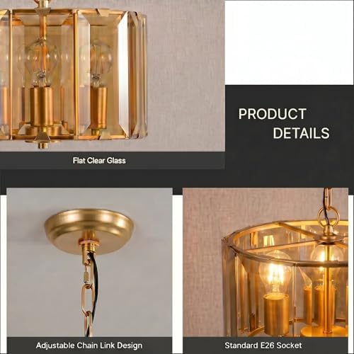 Gold Chandeliers for Dining Room,3-Light Pendant Lights Kitchen Island Round, Height Adjustable Modern Dining Room Light Fixture over Table for Kitchen Entryway Foyer Living Room, UL Listed, 13 Inch - Image 4