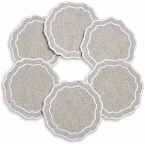 Linen Coasters for Drinks, Set of 6, 4.5 inch, Natural by EmbroideryLinenVN