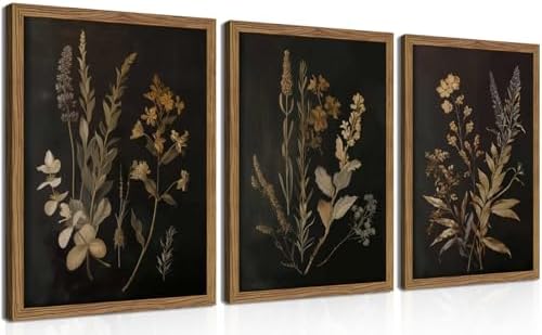 Framed Dark Botanical Wall Art Set of 3, Black Moody Floral Wall Decor Paintings, Dark Academia Decor, Vintage Flower Artwork Prints Pictures for Living Room Bedroom Bathroom 16x24 Inch by fancynewWallArt