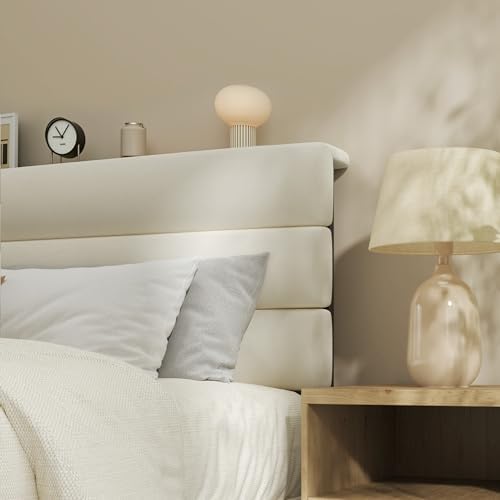 Fluest Queen Bed Frame, Platform Bed Frame with Velvet Upholstered Headboard, No Box Spring Needed, Sturdy Metal Support, Noise Free, Easy Assembly, Modern Bedroom Furniture, Beige - Image 3