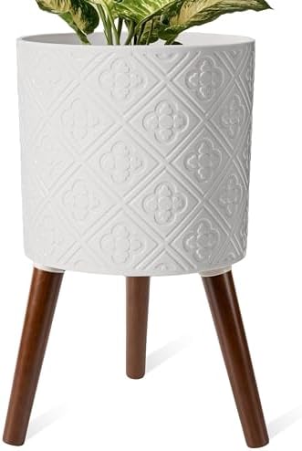 12 Inch Planter with Stand, Planter for Indoor Plants, Modern Large Flower Planter Pot with Drainage Holes for Outdoor,Matte White by nacltlo