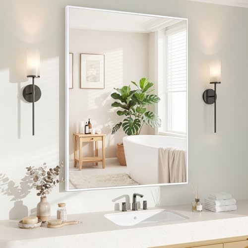 Koonmi White Rectangle Wall Mirror, 30x40 Inch Bathroom Mirror, Aluminum Frame Vanity Mirror for Entryway, Living Room, Bedroom Bathroom, Hangs Horizontally or Vertically by KOONMI