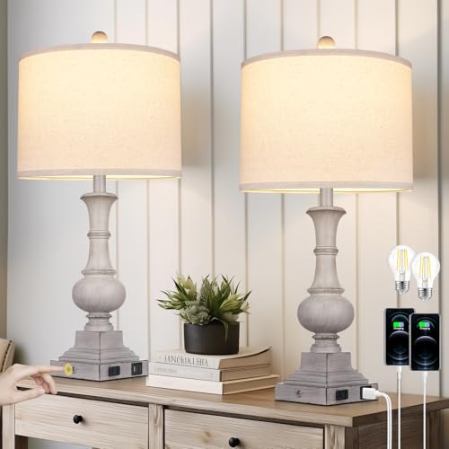 Farmhouse Lamps Set of 2, 26" Vintage Rustic Touch Control Bedside Lamp with USB A+C Ports & AC Outlet, 3-Way Dimmable Boho Nightstand Lamp Washed Resin Linen Fabric Shade for Living Room Bedroom Grey by Lolikit