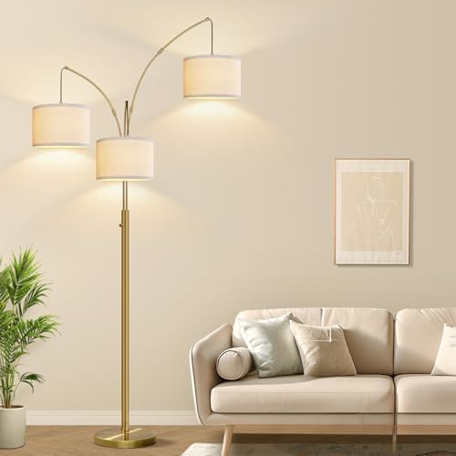 Dimmable Floor Lamp, 3 Lights Brass Arc Floor Lamp, Modern Tall Standing Tree Lamp with Beige Linen Shades & Heavy Base, 3000LM LED Bulbs, Bright Lighting for Living Room, Bedroom, Office & Reading - Image 7