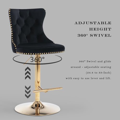 SoarFlash Velvet Bar Stool Set of 6, Adjustable Swivel Bar Stools with Gold Plated Metal Leg, Button Tufted, Footrest, Chrome Nailhead, Counter Height Chair for Kitchen, Bar, Dining Room (Black) - Image 5