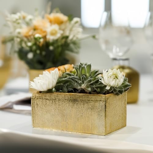 WGVI Long Rectangle Ceramic Planter Vase in Gold Etched 12" x 4" x 4"H, Block Rectangular Terrarium Box Pot, Flower Arrangement, Table top Centerpiece, Home Decor Storage Container, Bulk, 6 Pcs. - Image 6