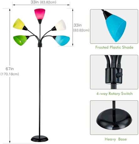 Medusa Modern Decor Floor Lamp, 5 Head Adjustable Gooseneck Lamps for Reading, Colorful Multiple Tall Standing Lamps for Living Room Bedroom Office Kids Classroom, Black, Bulbs Included - Image 2