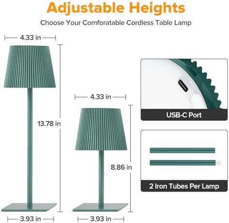 LUTEC 4 Pack Cordless Table Lamp,6000mAh Rechargeable Battery Operated Desk Lamp,Two Adjustable Heights,Waterproof, Touch Control & 3 Color Stepless Dimming for Restaurant/Bedroom/Bars/Outdoor (Green) - Image 4