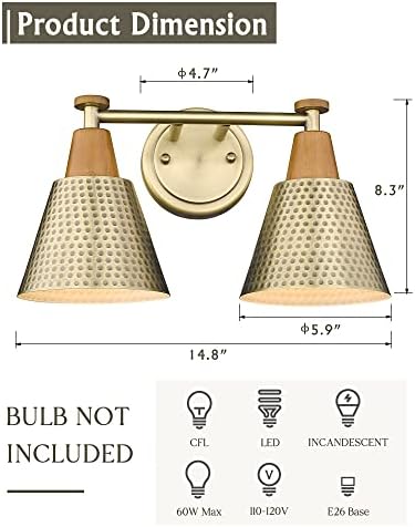 FEMILA Bathroom Light Fixtures, 2-Light Bathroom Vanity Lights Over Mirror, Antique Gold Wall Sconces, Hammered Metal Shade, 4FG59B-2W BG - Image 2