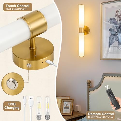 Gold Battery Operated Wall Sconces Set of 2 with White Glass Lamp Shade - Image 7