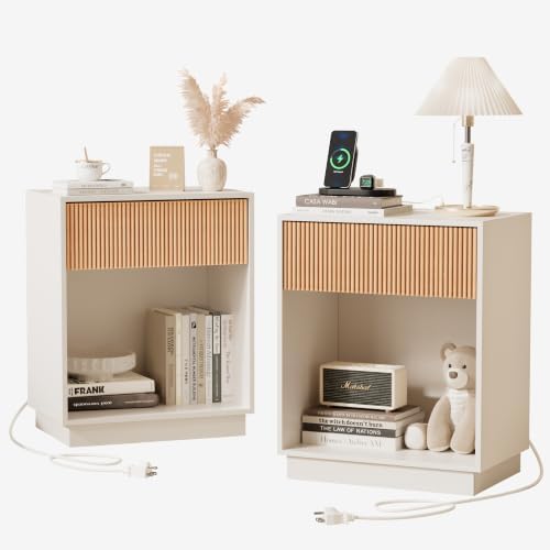 Fluted Nightstands Set of 2, Night Stand with Charging Station, Modern Bed Side Table with Drawer and Storage Shelf, Wood Mid Century End Table for Bedroom Living Room (White&Oak) by INNODToddlerTower