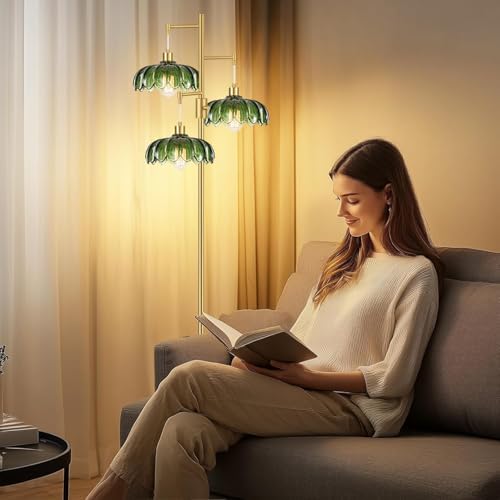 Vintage Floor Lamps for Living Room Bedroom-3 Light Dimmable Gold Floor Lamp with Glass Lampshape, Flower Tall Lamp Modern Mid Century Standing Lamp Green Tree Floor Lamp for Bedroom Corner - Image 3