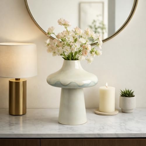 Pedestal Vase for Home Decor - Ceramic Earthenware for Bathroom, Bedroom, Kitchen, and Living Room Centerpiece - Flower Pot Accent Display for Entryway and Office Hallway Styling - 16", Ivory & Blue - Image 3