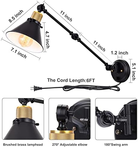 TRLIFE Plug in Wall Sconces, Dimmable Wall Sconce Swing Arm Wall Lights Plug in, Adjustable Wall Mounted Light Wall Lights with 6FT Plug in Cord, E26 Base(Two Arms, 2 Pack) - Image 5